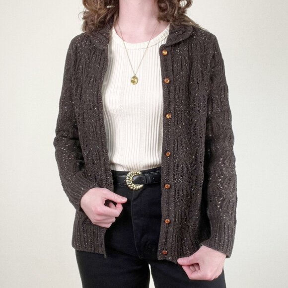 Vintage Wool Blend Cardigan Sweater Open Knit Cottagecore Rustic Cozy Romantic - Picture 3 of 9